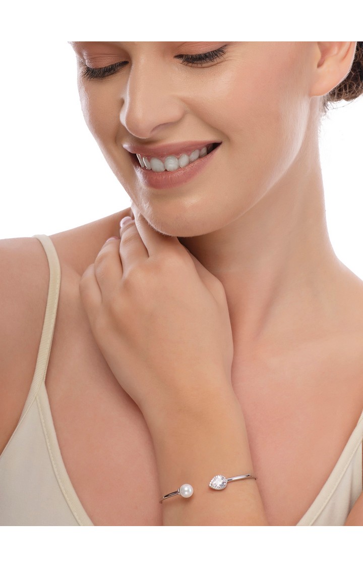 Silver CZ Tear Accent Cuff Kada
