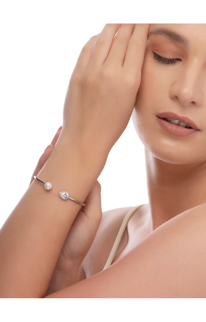 Silver CZ Tear Accent Cuff Kada