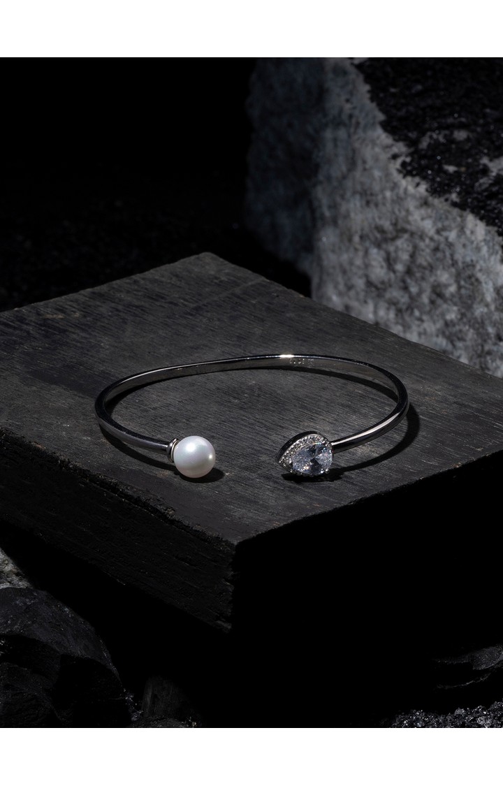 Silver CZ Tear Accent Cuff Kada