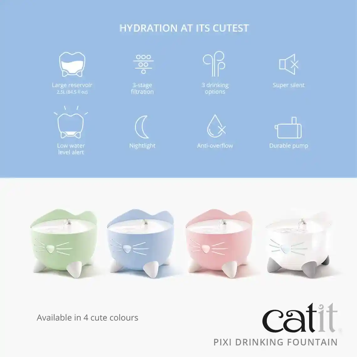 Catit Pixi Fountain Automatic Pet Water Fountain with Filter for Cats (Light Blue, 2.5 Litres)