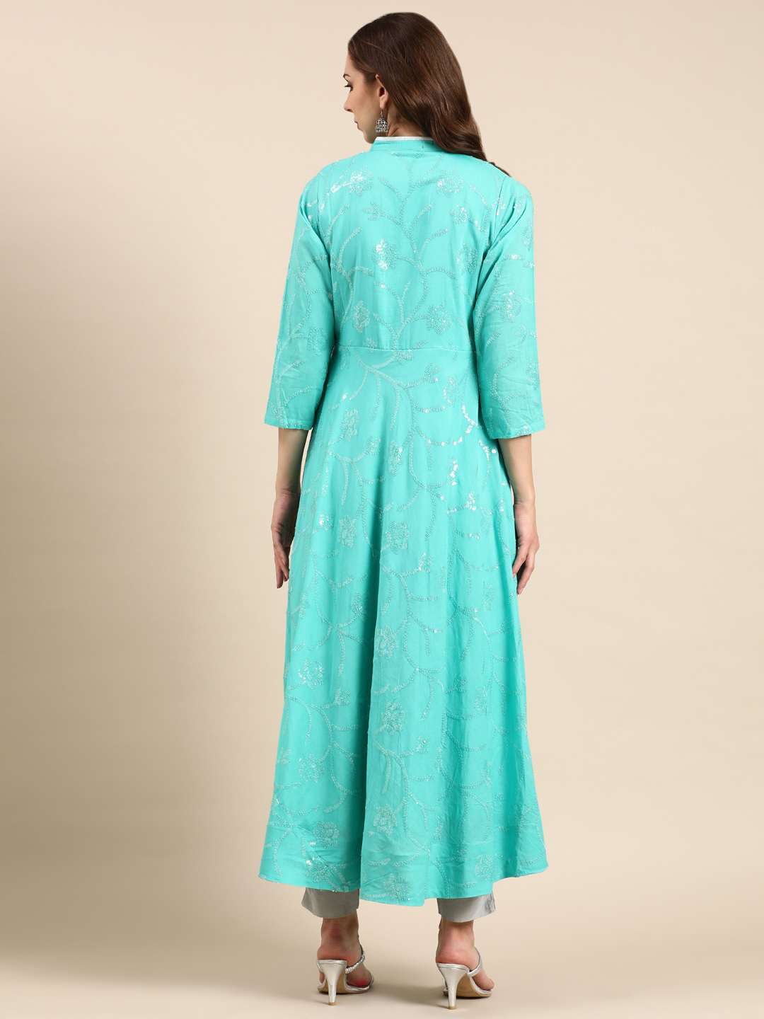 SHOWOFF Women's Ankle Length Embellished Anarkali Sea Green Kurta