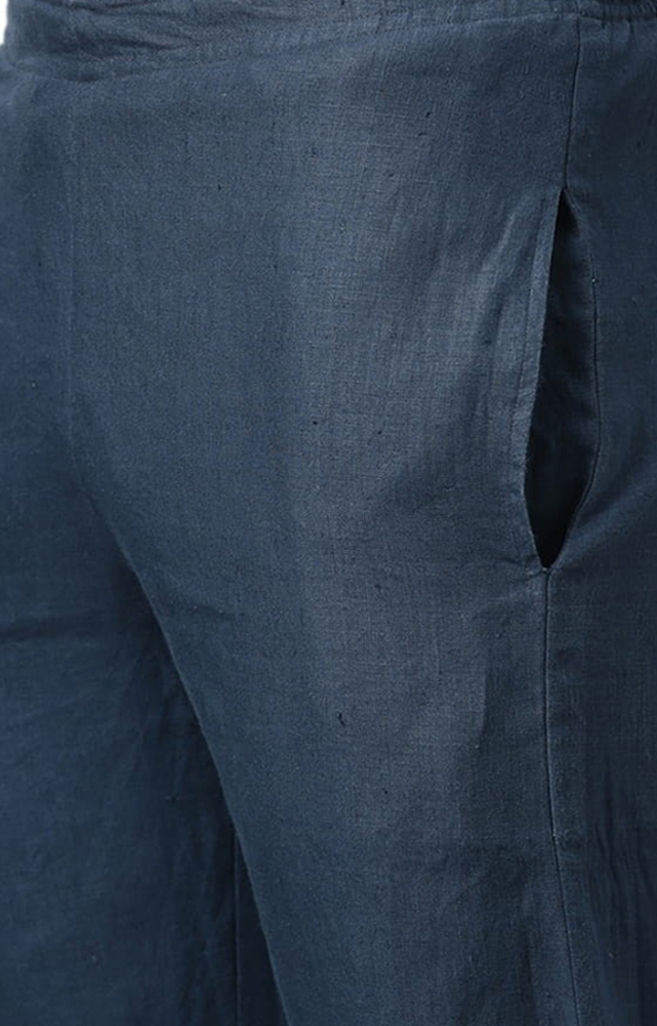 Men's Navy Blue Solid Hemp Casual Pant