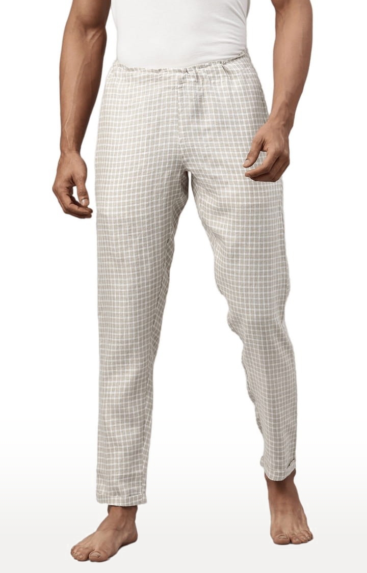 Men's Beige White Checks Hemp Casual Pant