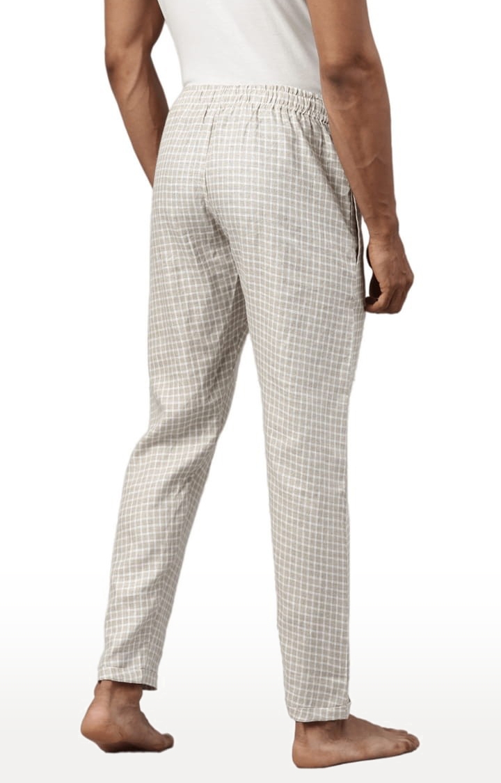 Men's Beige White Checks Hemp Casual Pant