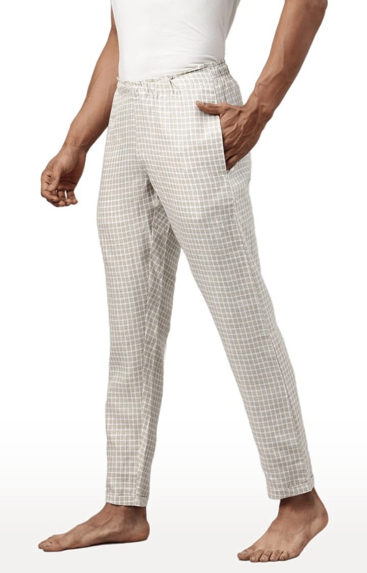 Men's Beige White Checks Hemp Casual Pant