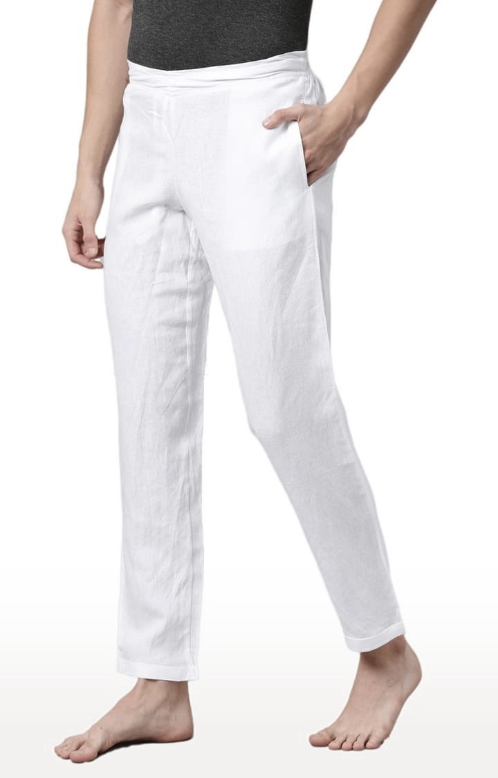 Men's White Solid Hemp Casual Pant