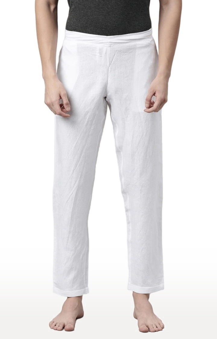 Men's White Solid Hemp Casual Pant