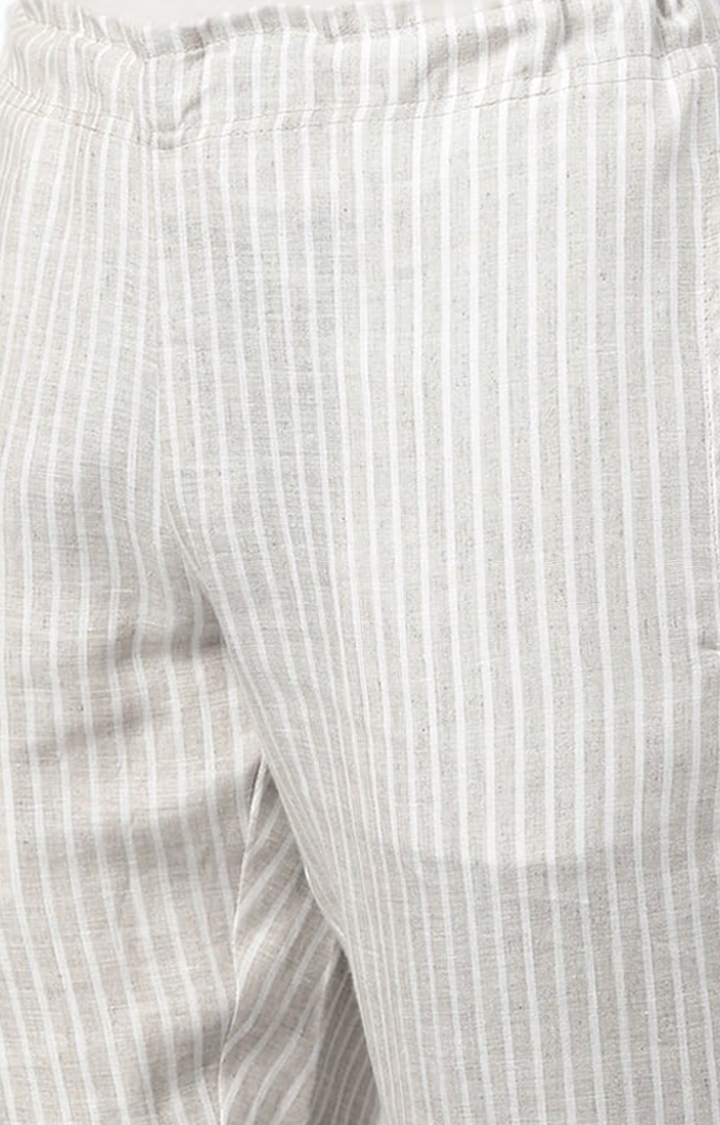 Men's Beige White Stripes Hemp Casual Pant