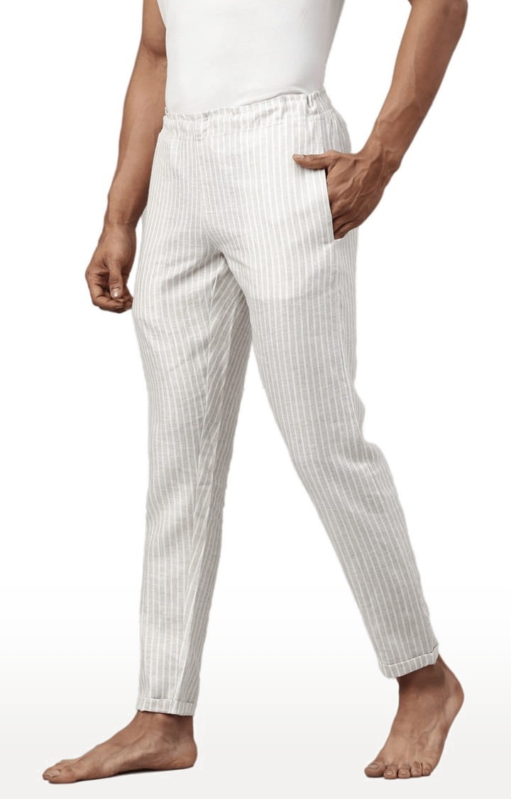 Men's Beige White Stripes Hemp Casual Pant