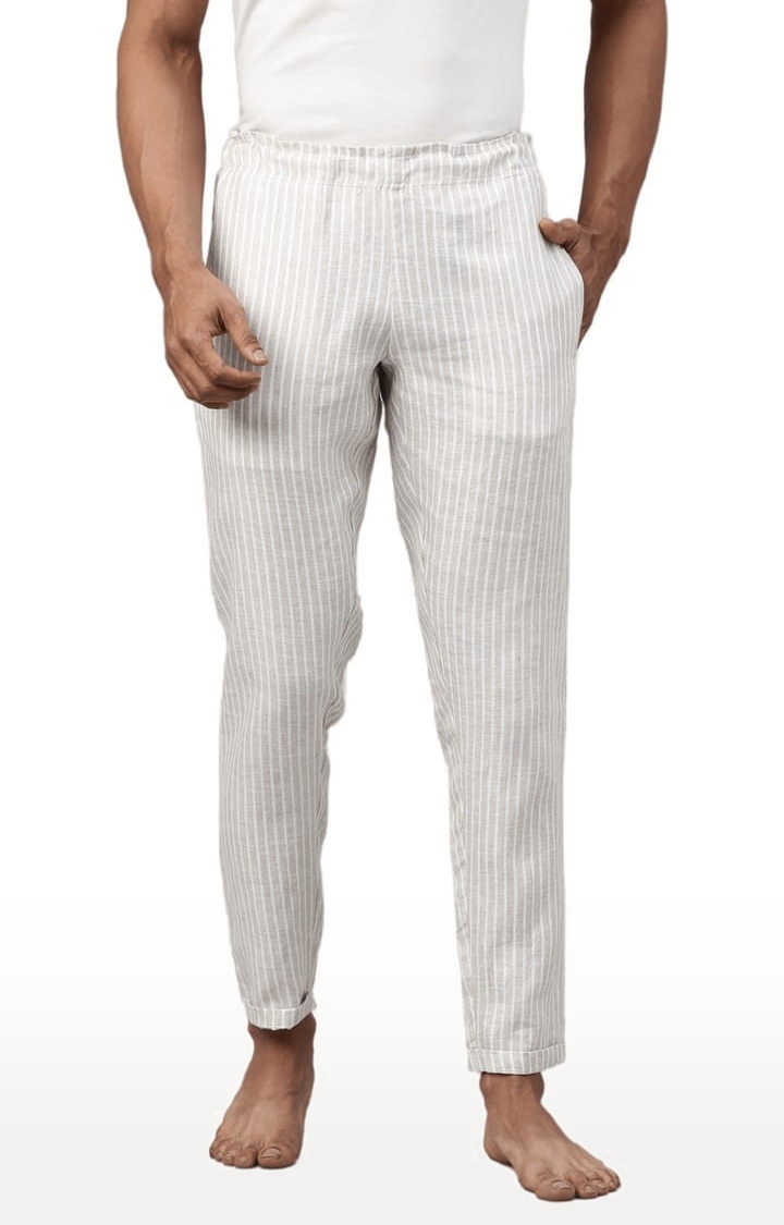 Men's Beige White Stripes Hemp Casual Pant