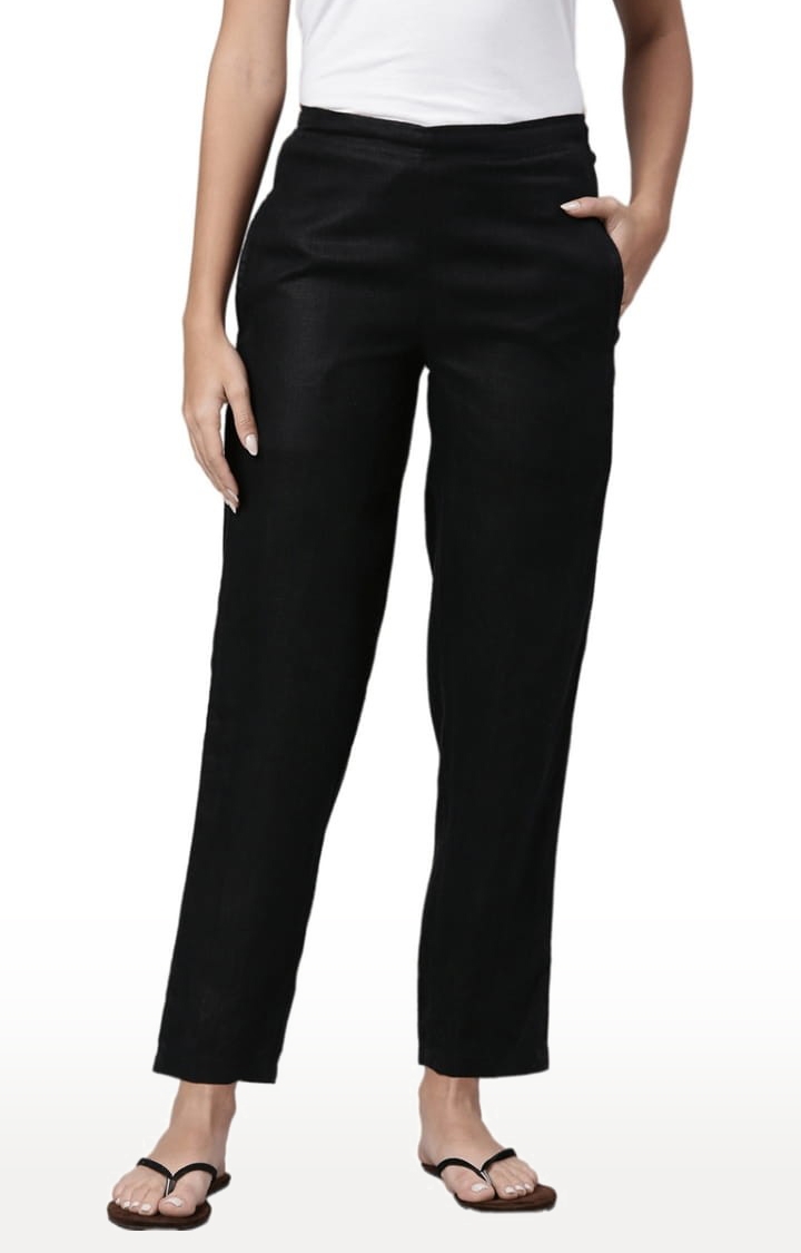 Women's Black Solid Hemp Casual Pant