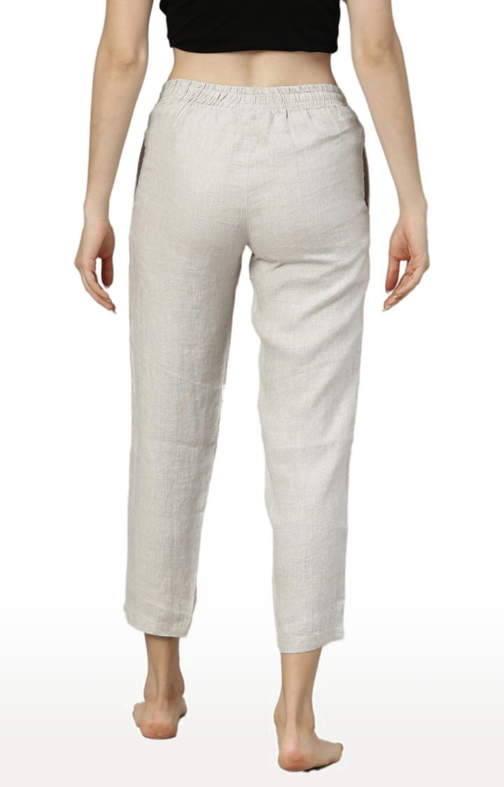Women's Beige Solid Hemp Casual Pant