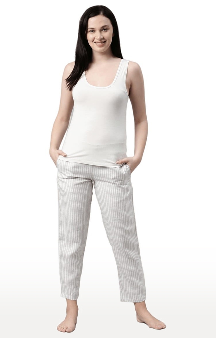 Ecentric | Women's Beige White Stripes Hemp Casual Pant 1