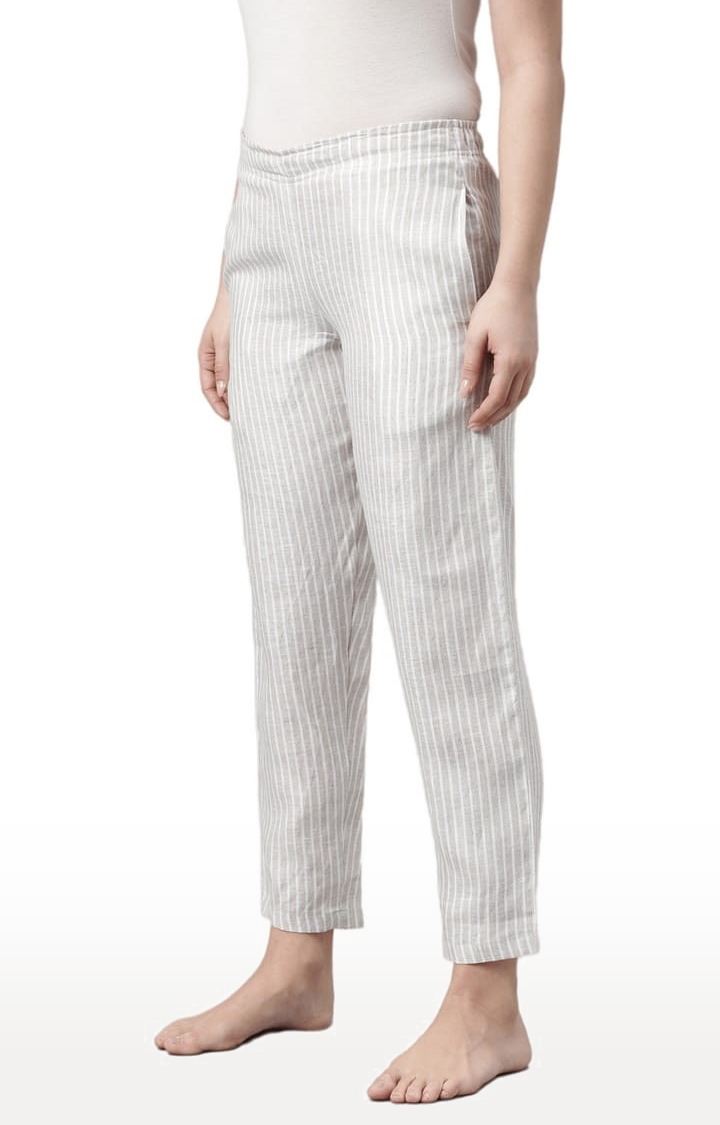 Women's Beige White Stripes Hemp Casual Pant