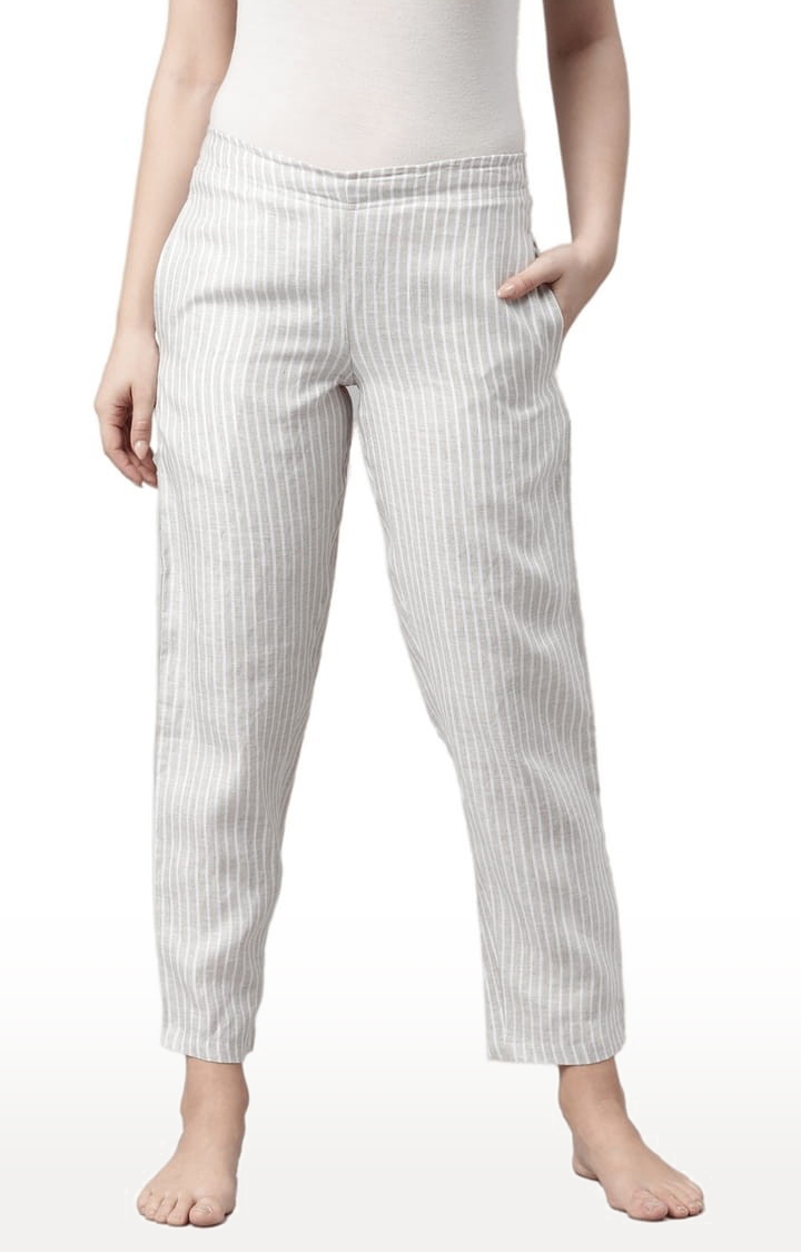 Women's Beige White Stripes Hemp Casual Pant