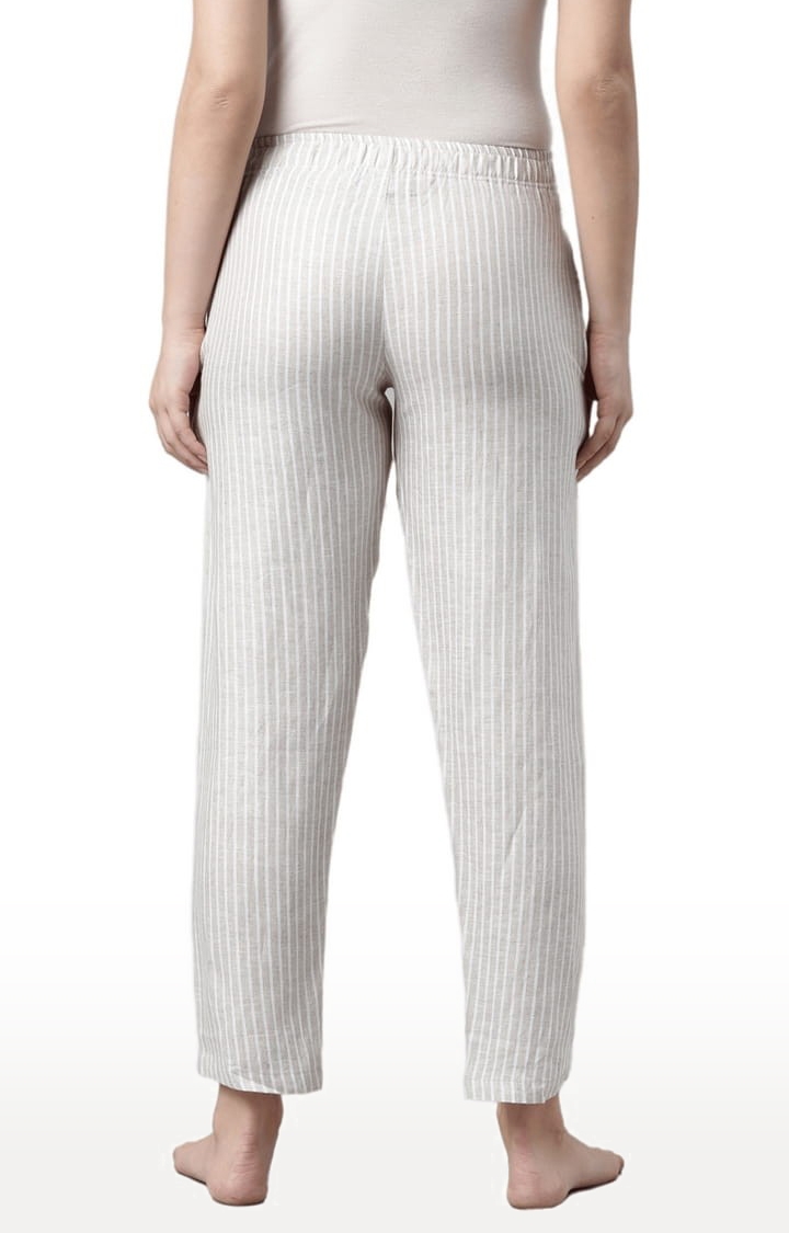 Women's Beige White Stripes Hemp Casual Pant