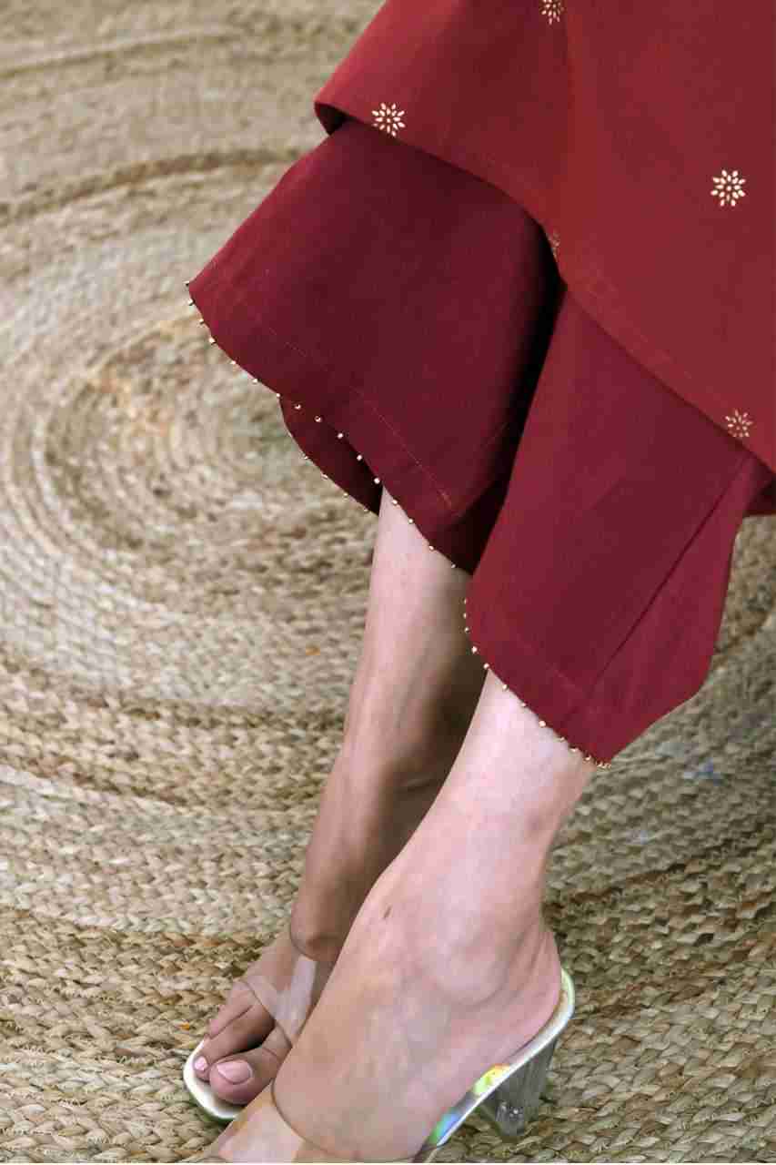 Naksh Maroon Gold Printed Pleated Kurta And Solid Pants (Set of 2)