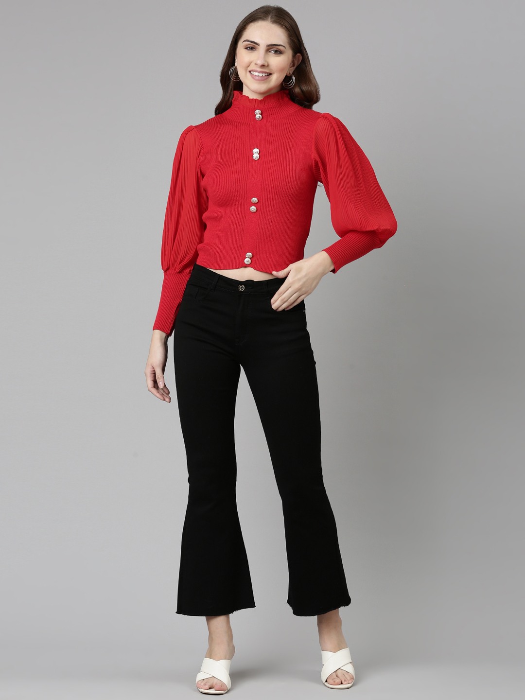 SHOWOFF Women's High Neck Solid Bishop Sleeves Fitted Red Crop Top