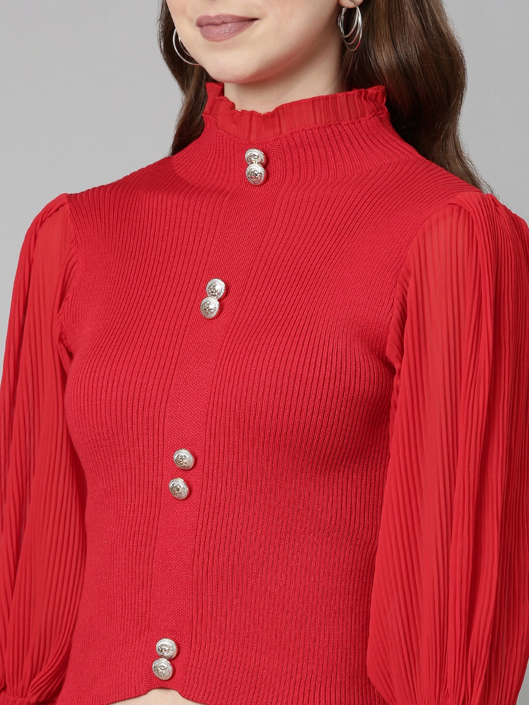 SHOWOFF Women's High Neck Solid Bishop Sleeves Fitted Red Crop Top