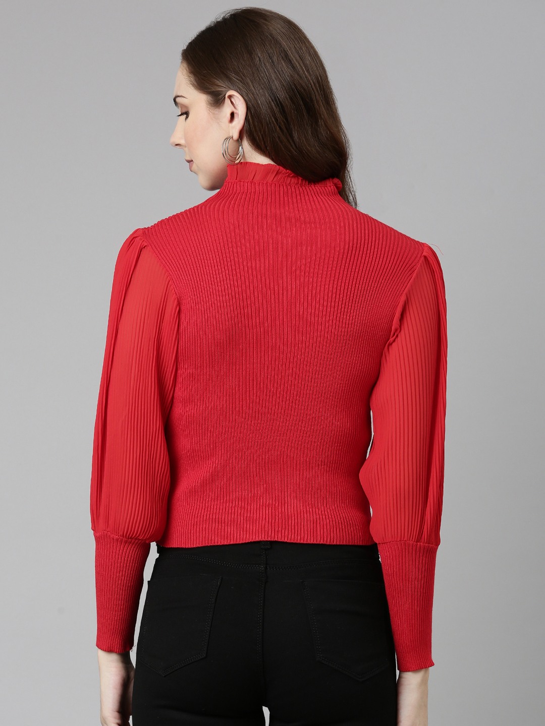 SHOWOFF Women's High Neck Solid Bishop Sleeves Fitted Red Crop Top