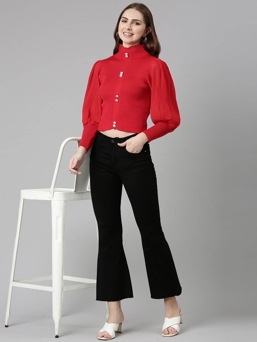 SHOWOFF Women's High Neck Solid Bishop Sleeves Fitted Red Crop Top