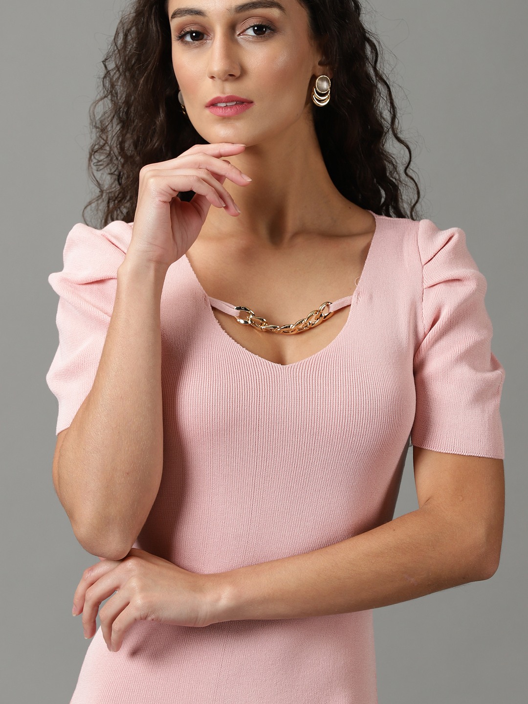 SHOWOFF Women's V-Neck Solid Bodycon Pink Dress