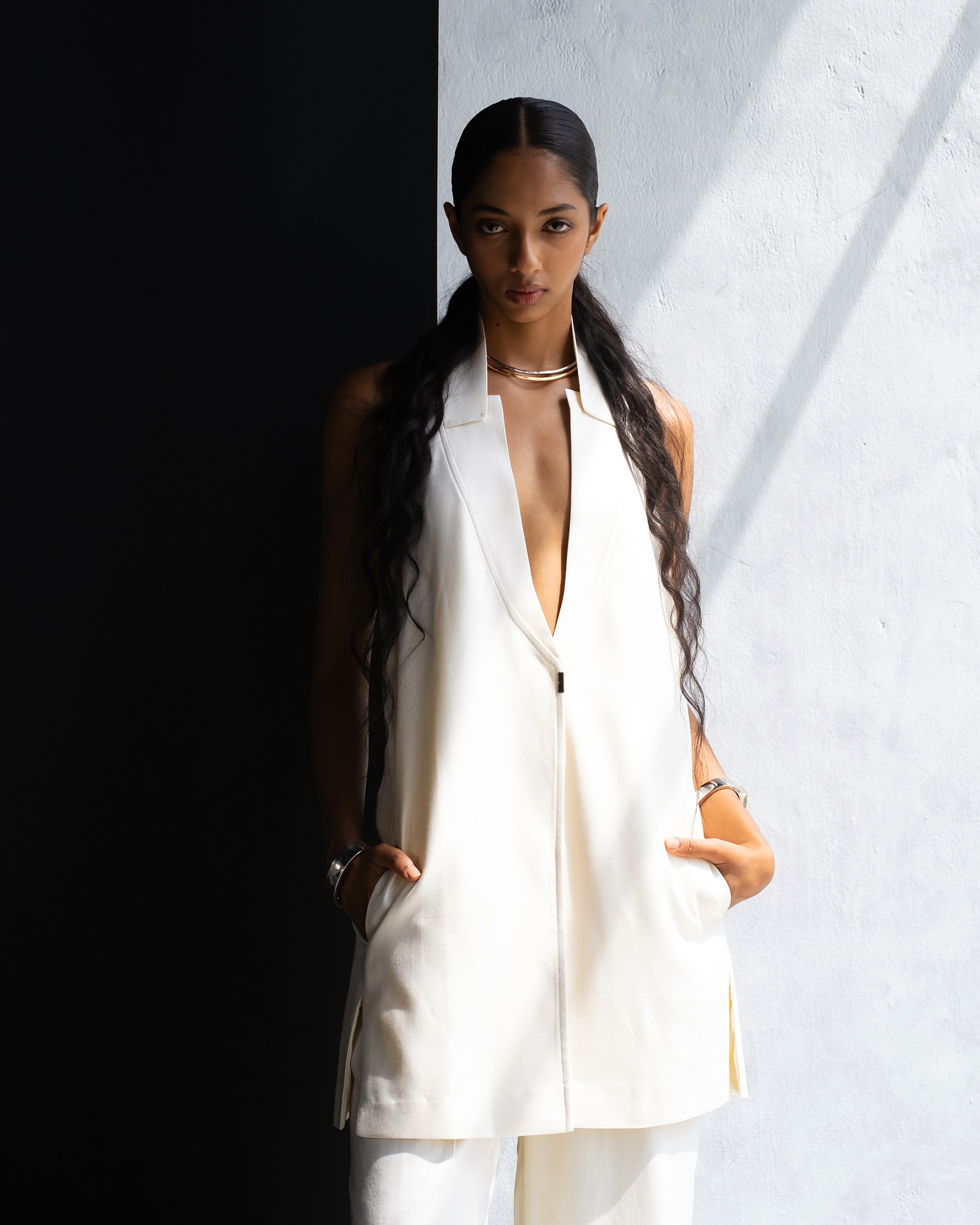 French Vanilla V Back Vest With Pants