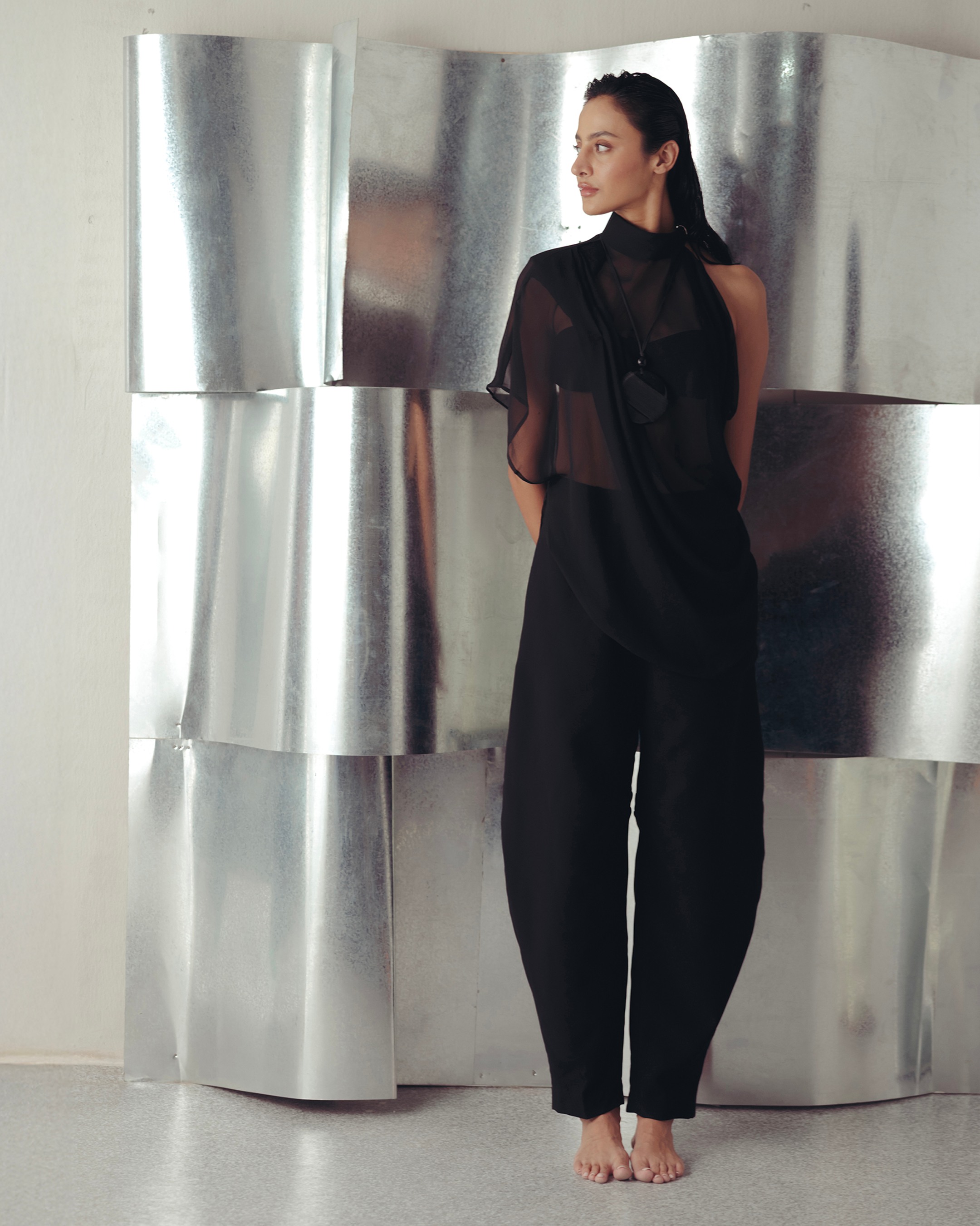 Bristol Black Asymmetric Georgette Top and Pants