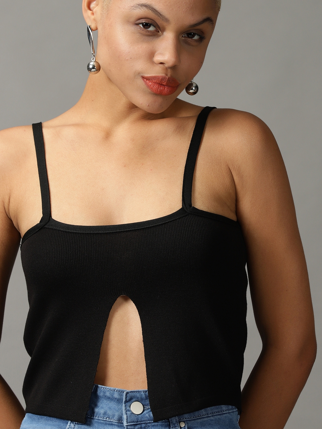 Showoff | SHOWOFF Women Black Solid Shoulder Straps Sleeveless Crop Fitted Top 5
