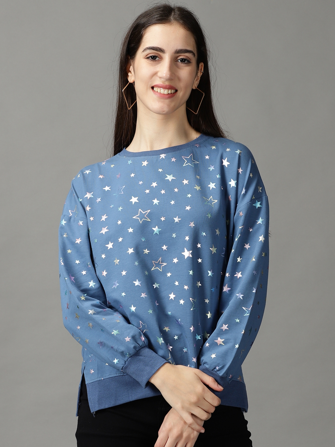 Showoff | SHOWOFF Women Blue Printed Round Neck Full Sleeves Regular Top 1