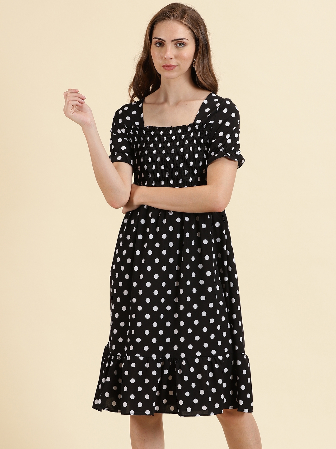 Showoff | SHOWOFF Women's Mini Polka Dots Fit and Flare Black Dress 1