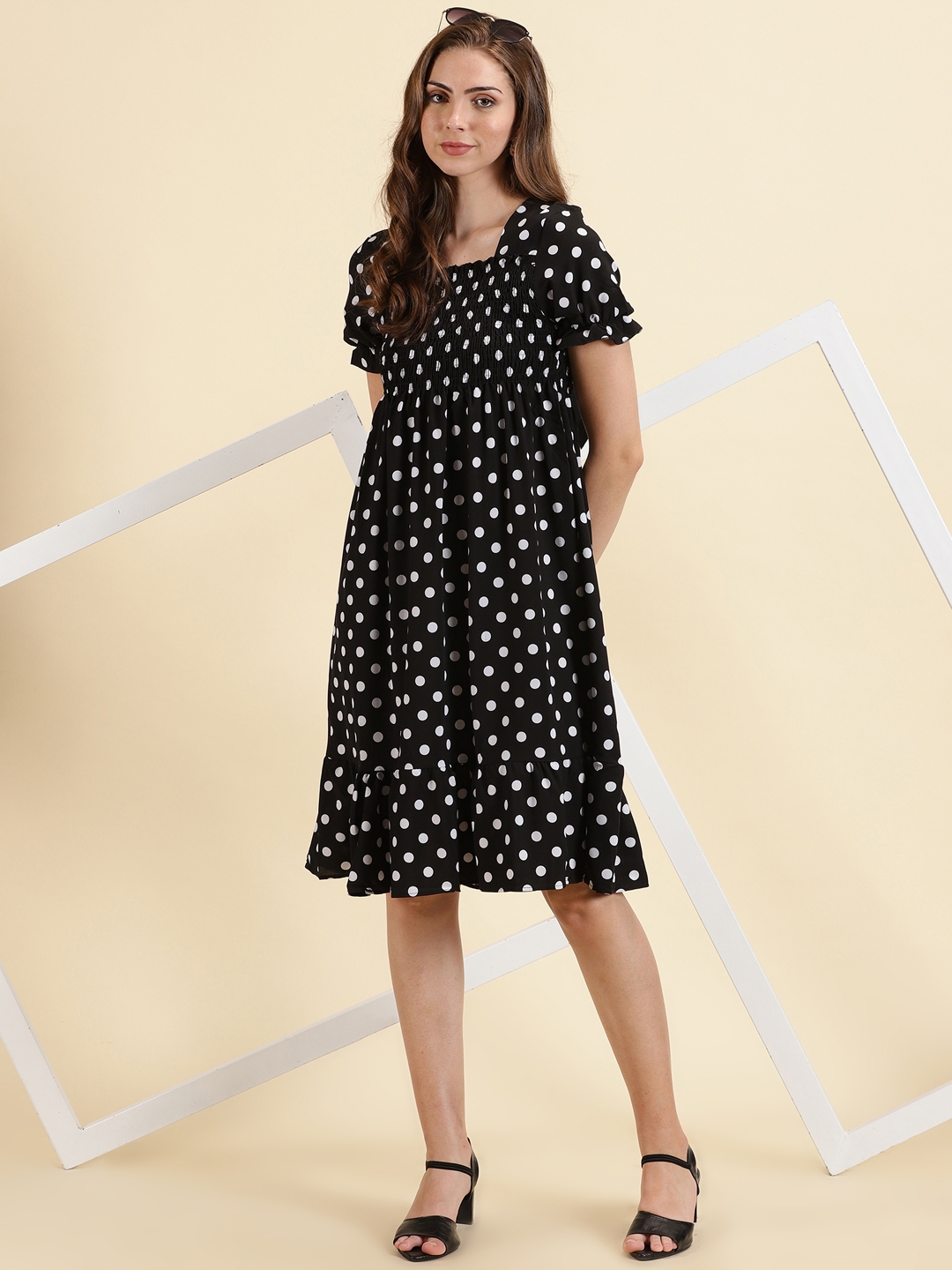 Showoff | SHOWOFF Women's Mini Polka Dots Fit and Flare Black Dress 4