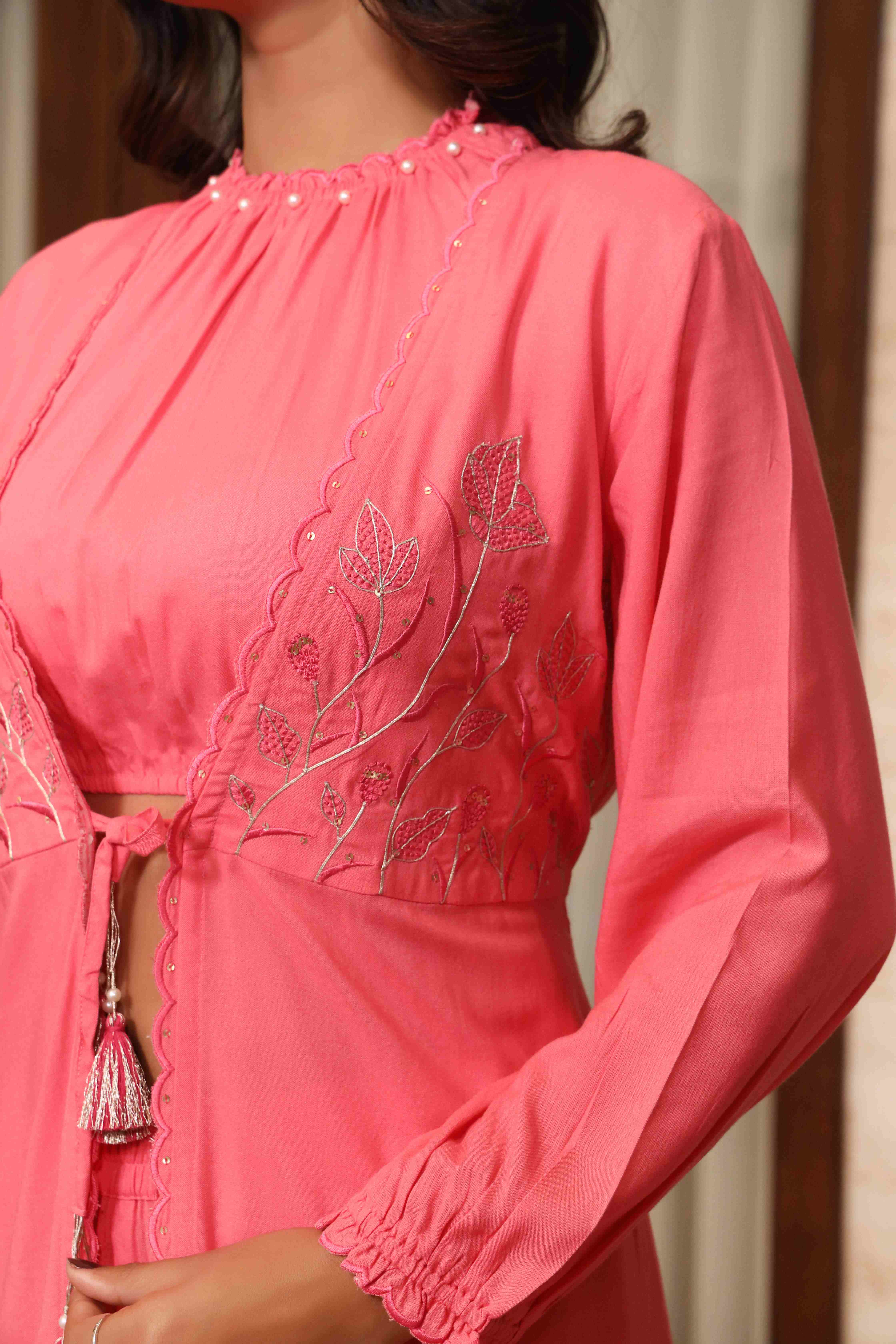 PINK EMBROIDERED SOLID CROP TOP SHRUG WITH PALAZZO SET