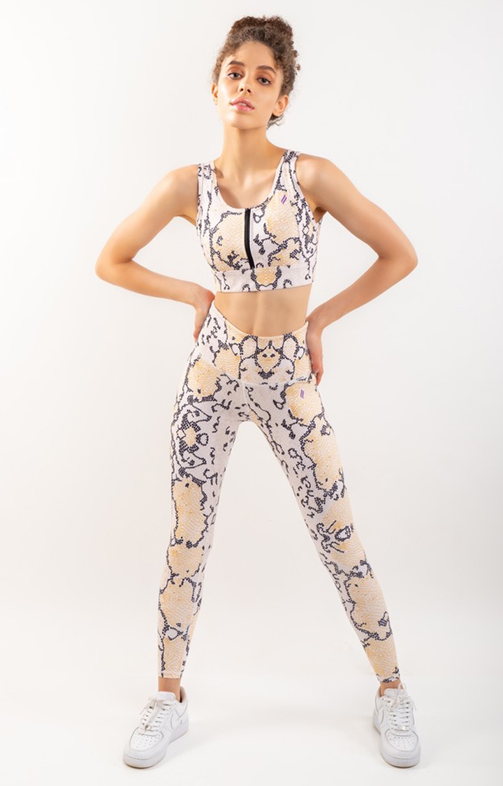 SKNZ Activewear | Women Yellow & White Nylon Printed Tracksuits