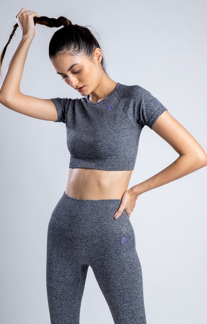 Women Grey Nylon Melange Activewear T-Shirts