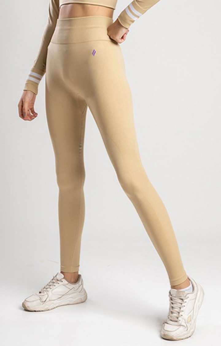 Women's Beige Solid Nylon Activewear Legging