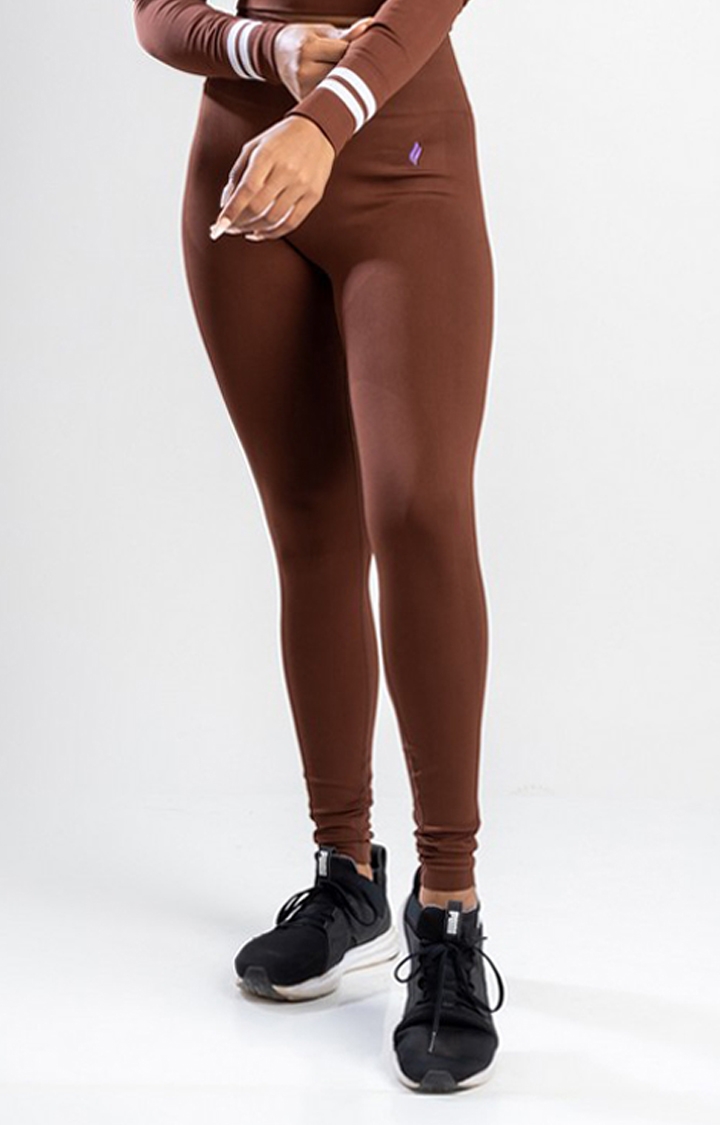 Women's Brown Solid Nylon Activewear Legging