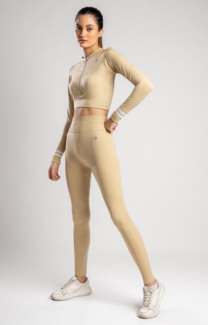 Women Beige Nylon Solid Activewear T-Shirts