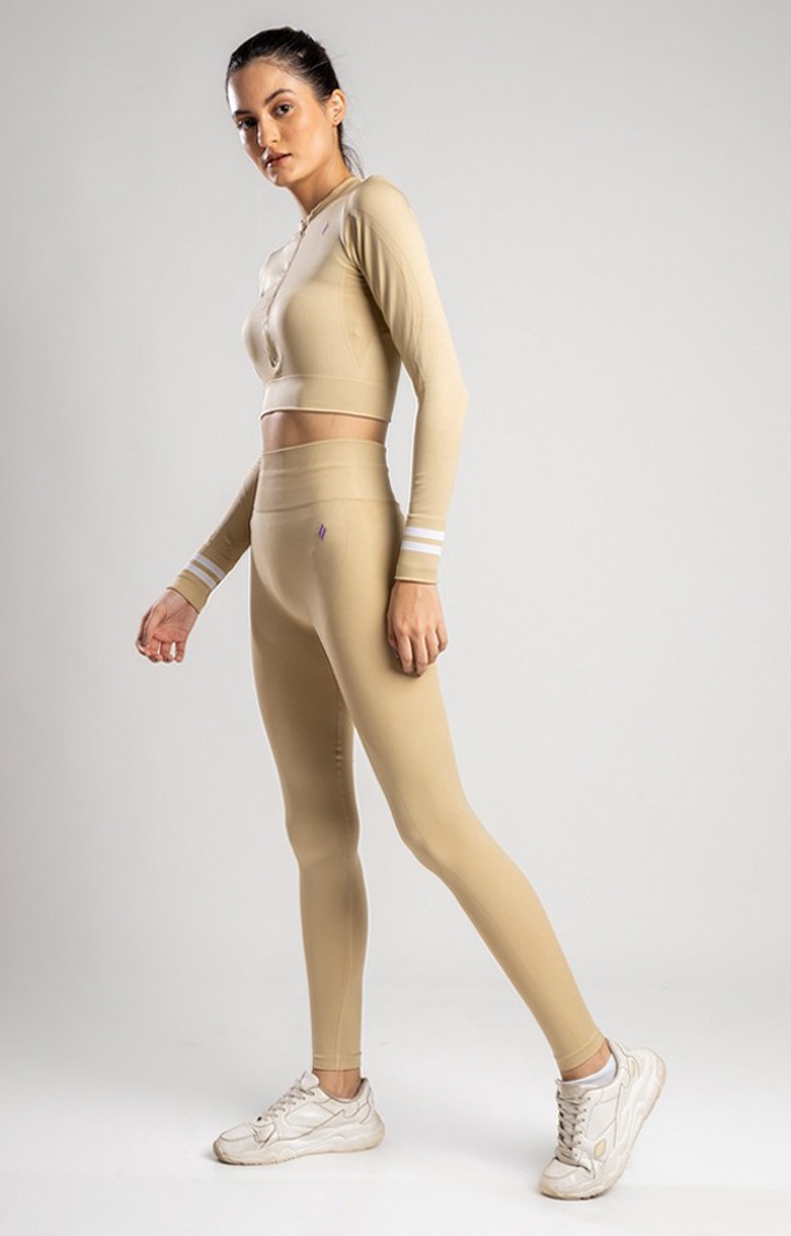 Women's Beige Solid Nylon Tracksuit