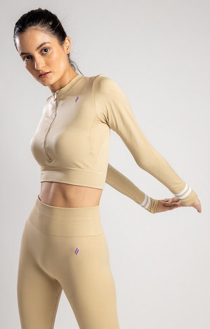 Women's Beige Solid Nylon Tracksuit