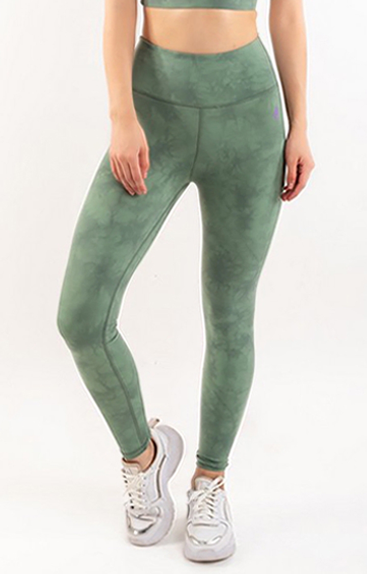 Women's Green Tiedye Nylon Activewear Legging