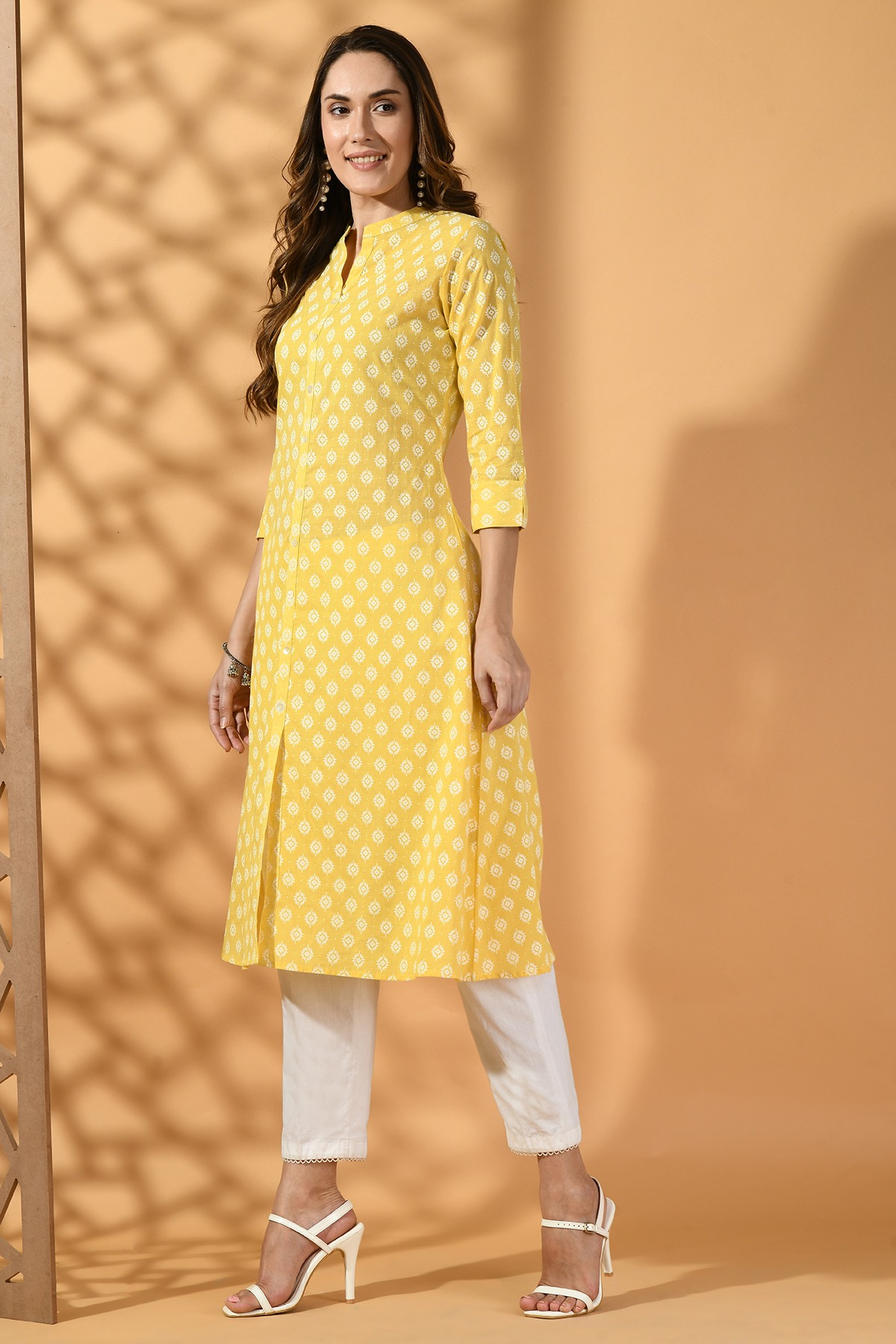 Yellow Printed A-line Kurta