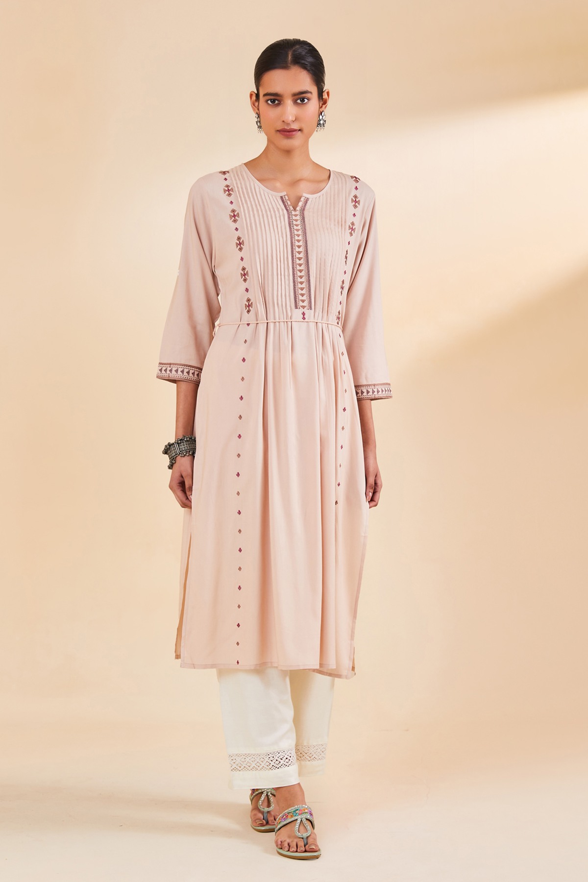 Beige Embroidered Straight Kurta