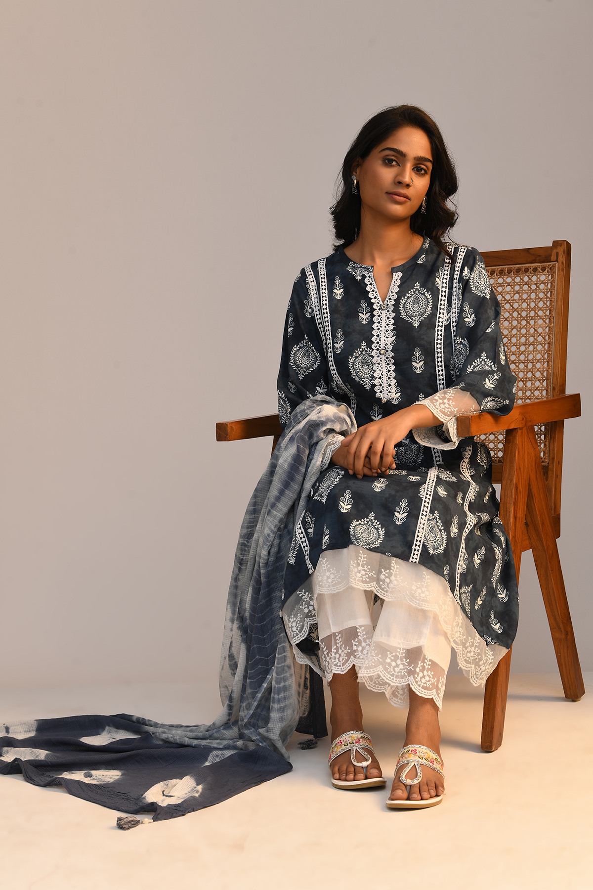 Blue Printed A Line Kurta Set