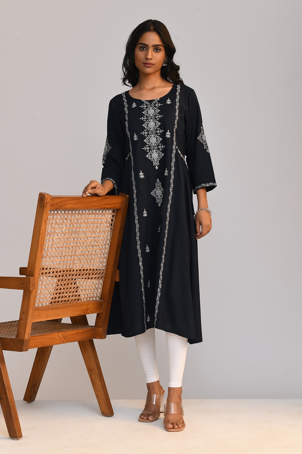 Black Embroidered A Line Kurta