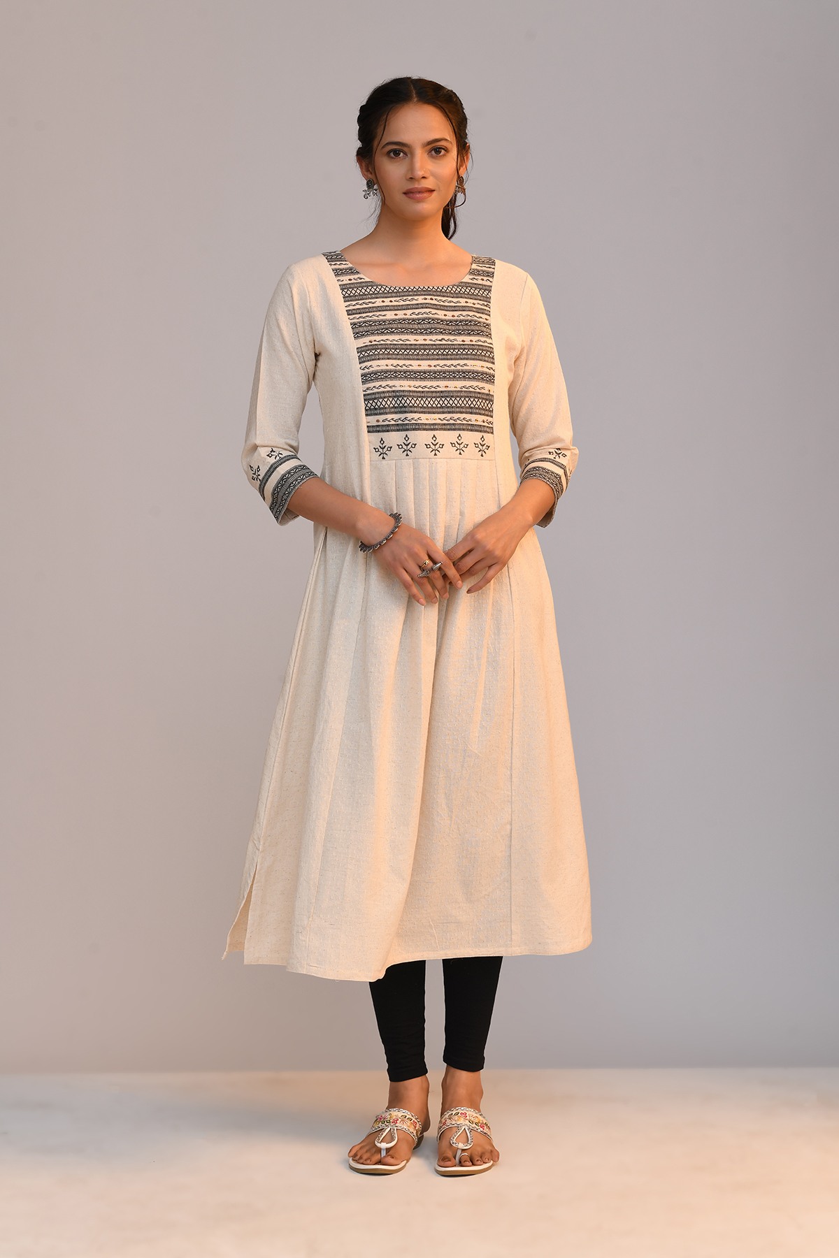 Cream Yoke Embroidered A Line Kurta