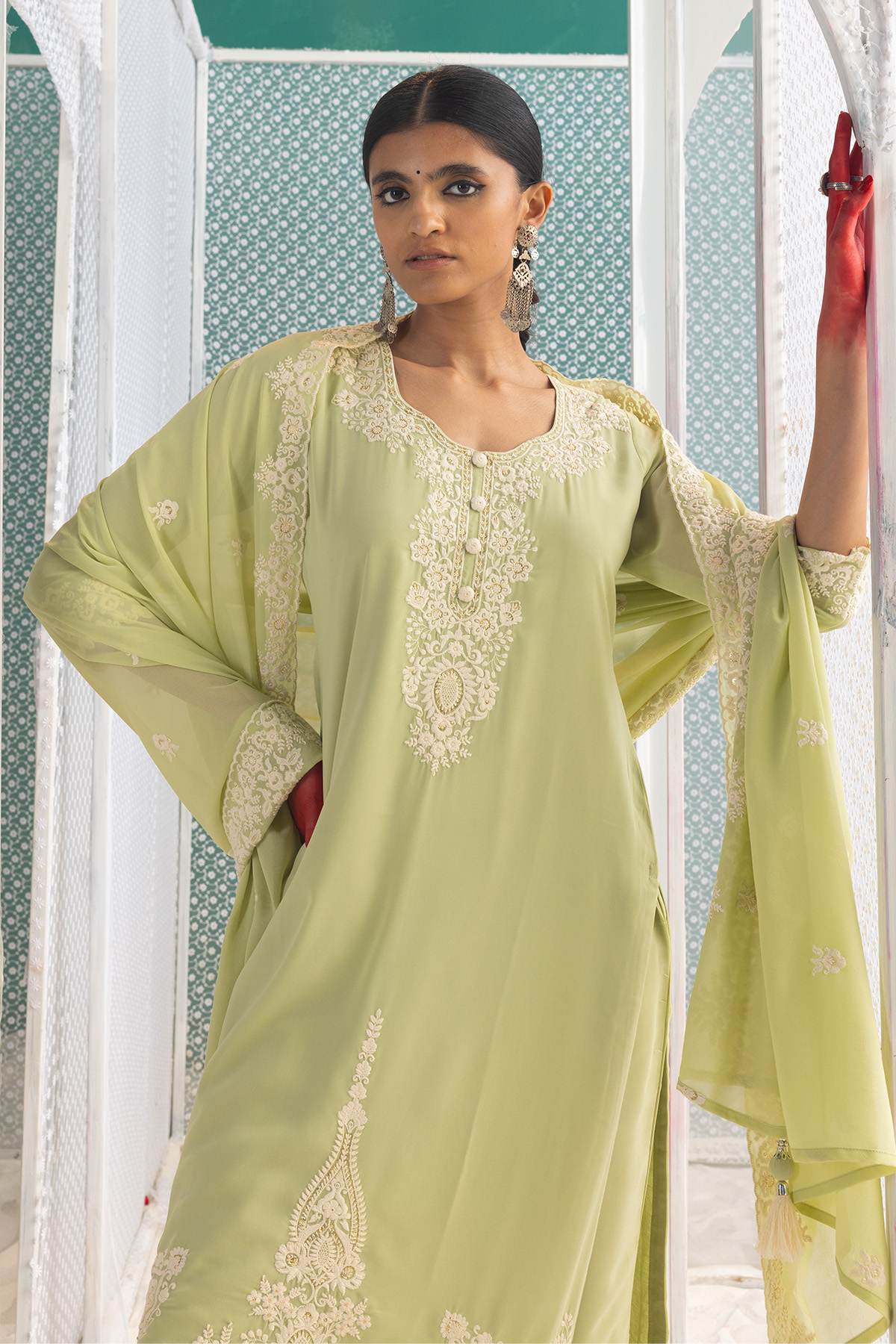 Green Chikankari Straight Kurta Set