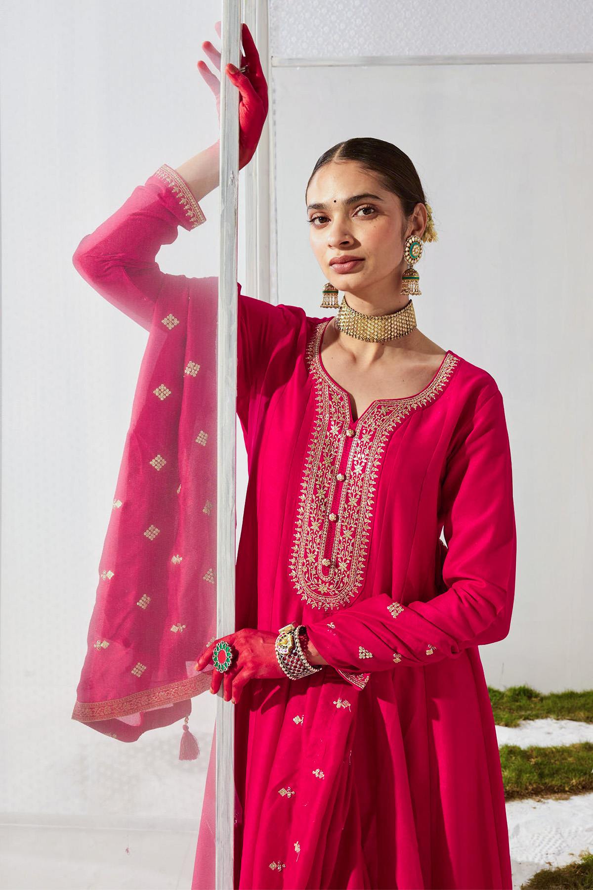Magenta Yoke Zari Embroidered Flared Dress
