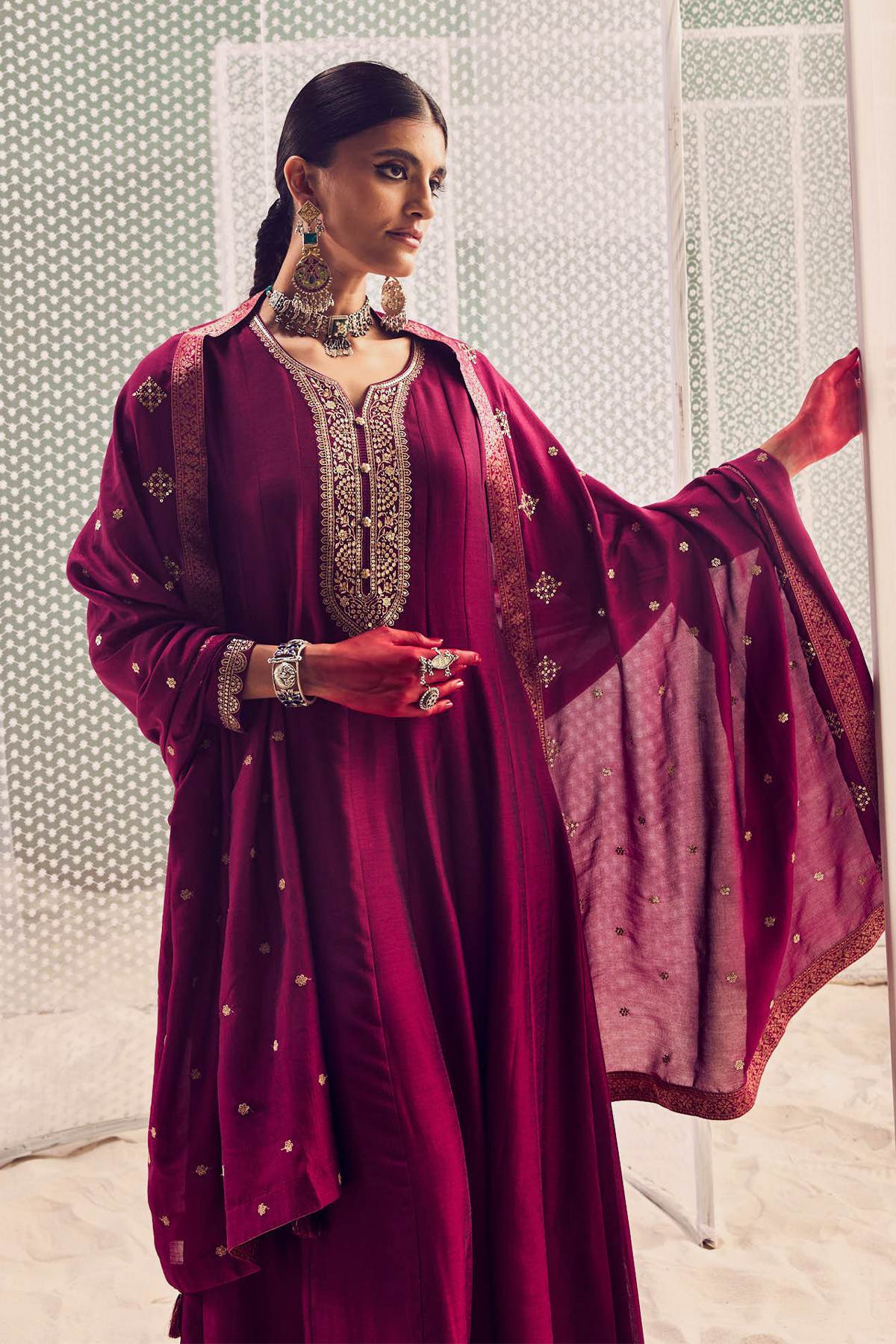 Wine Yoke Zari Embroidered Flared Dress