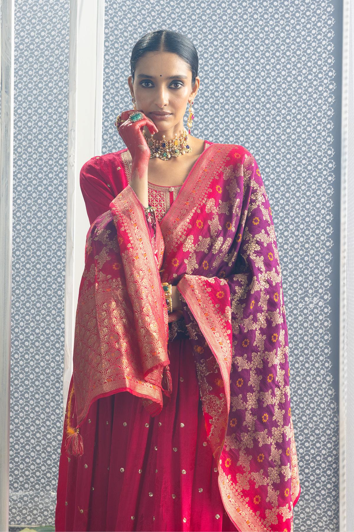 Magenta Embellished Flared Kurta Set